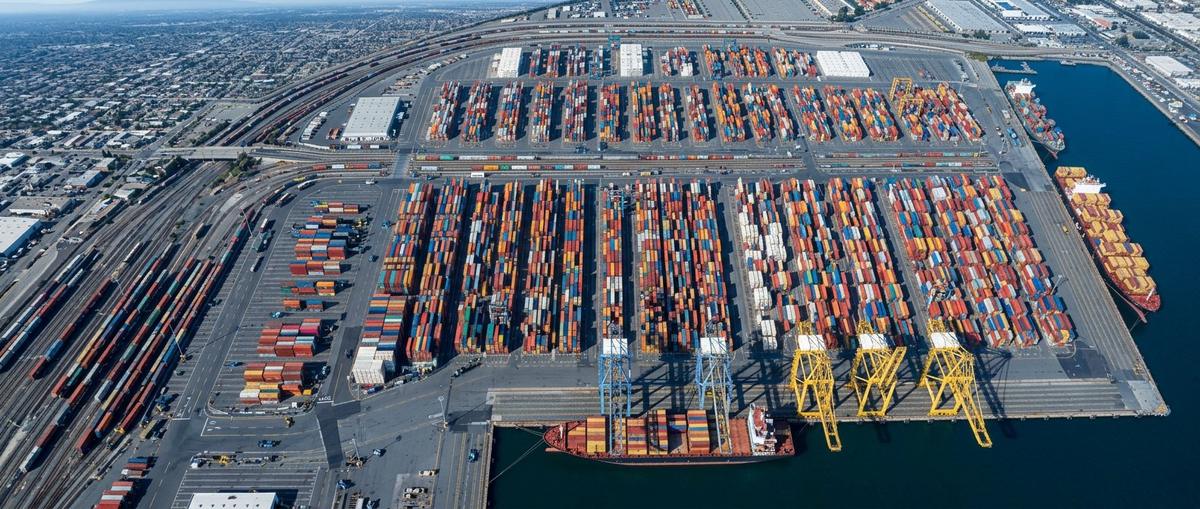 Aerial view of stacked shipping containers