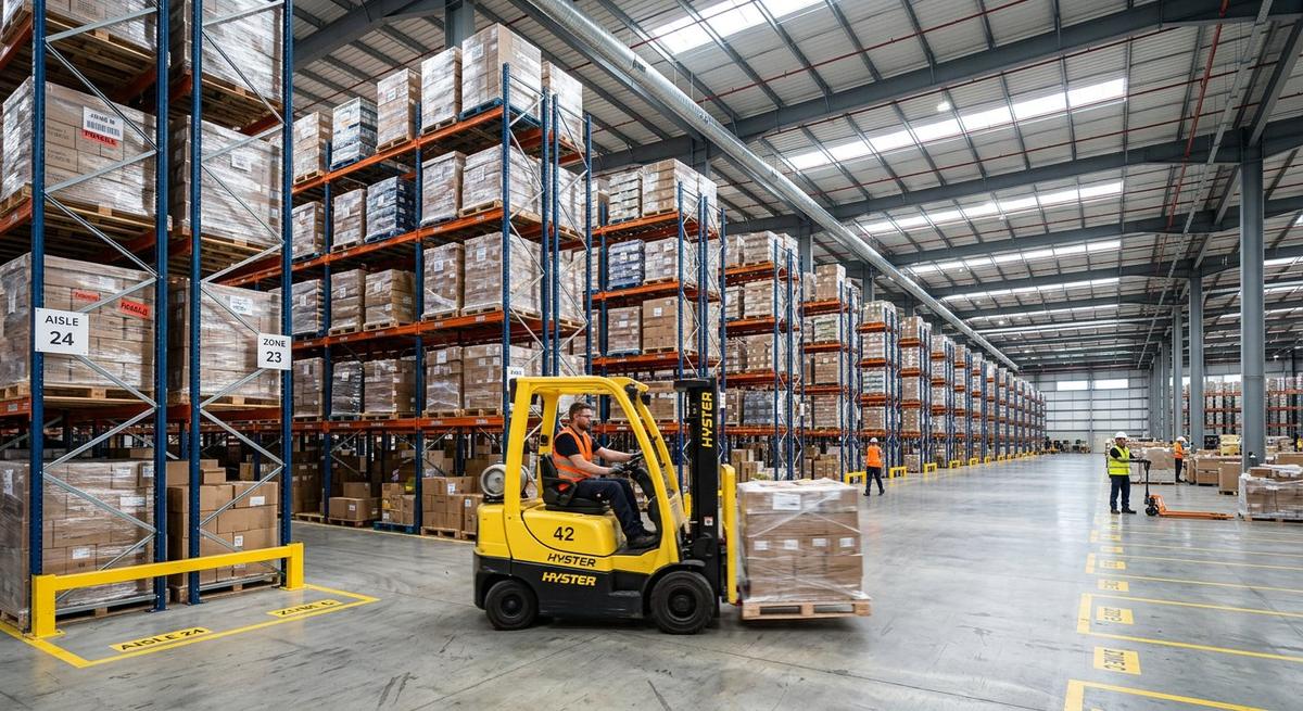 Modern warehouse interior with racking and forklift